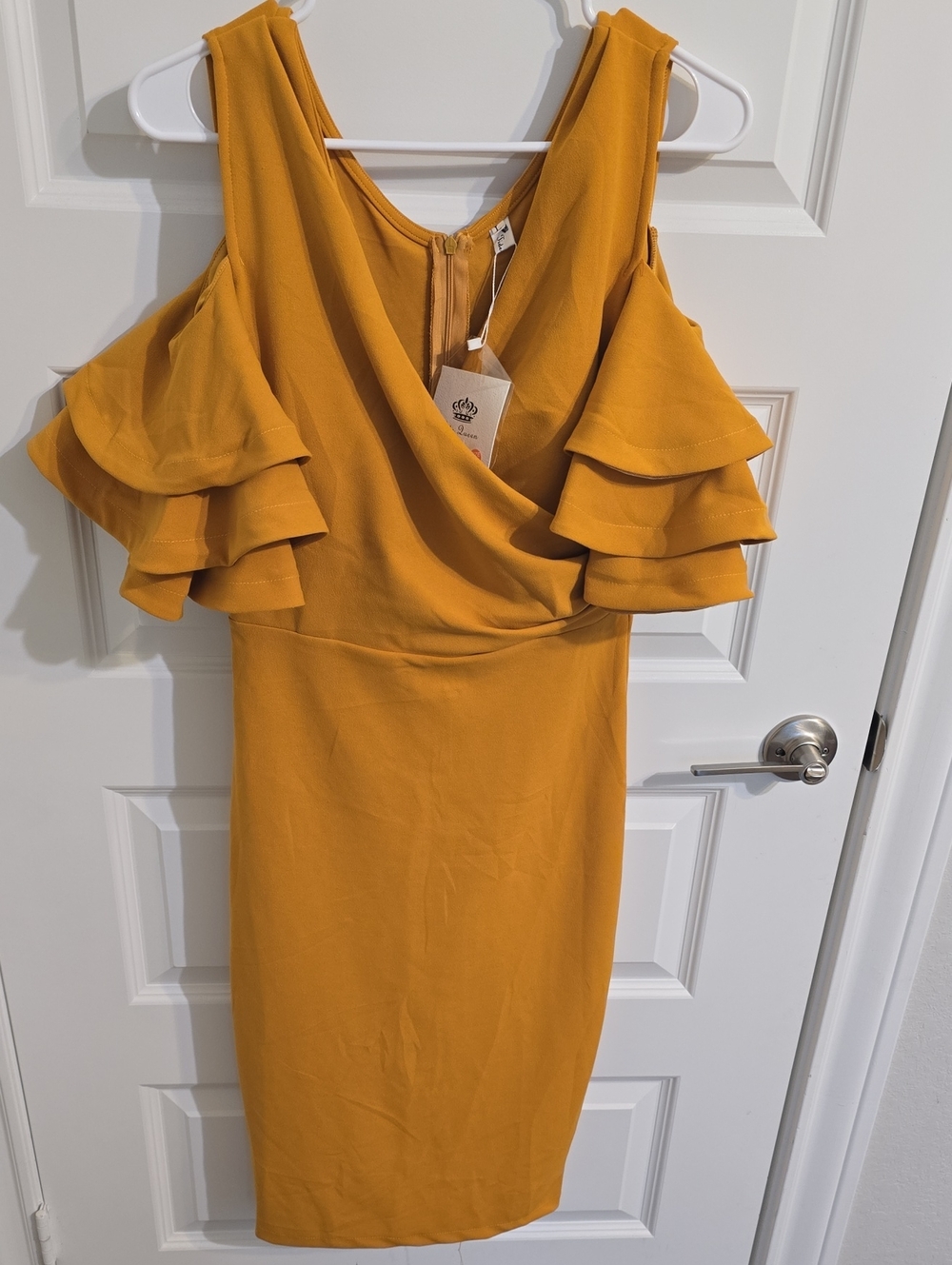 Cold-Shoulder Ruffle Midi Dress in Mustard